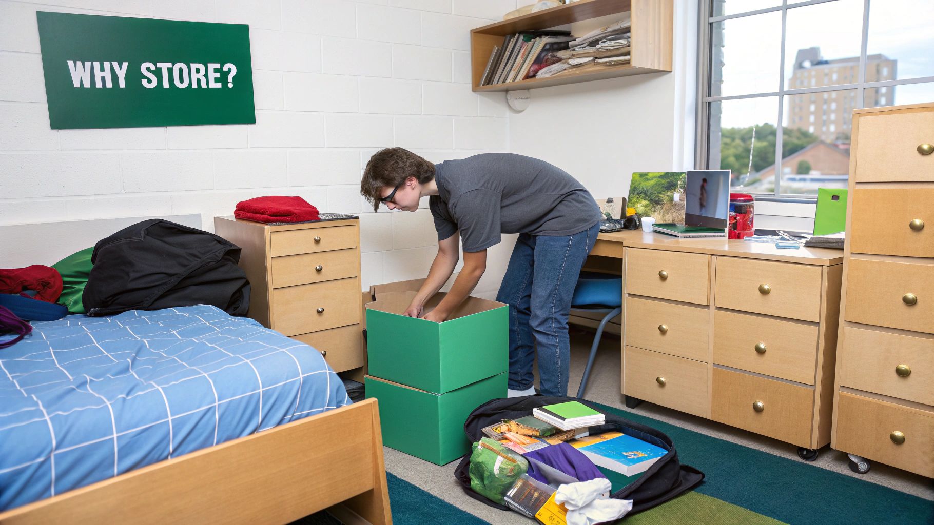 A student organising boxes in a self-storage unit, illustrating the concept of student storage.