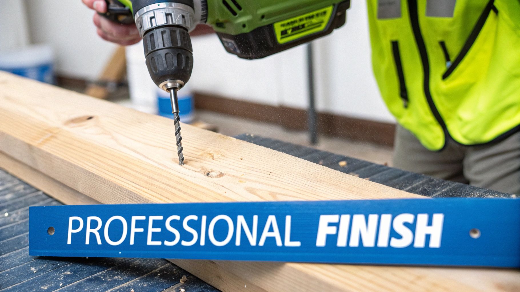 A person uses a power drill to bore a hole into a wooden plank, with a 'PROFESSIONAL FINISH' tool.