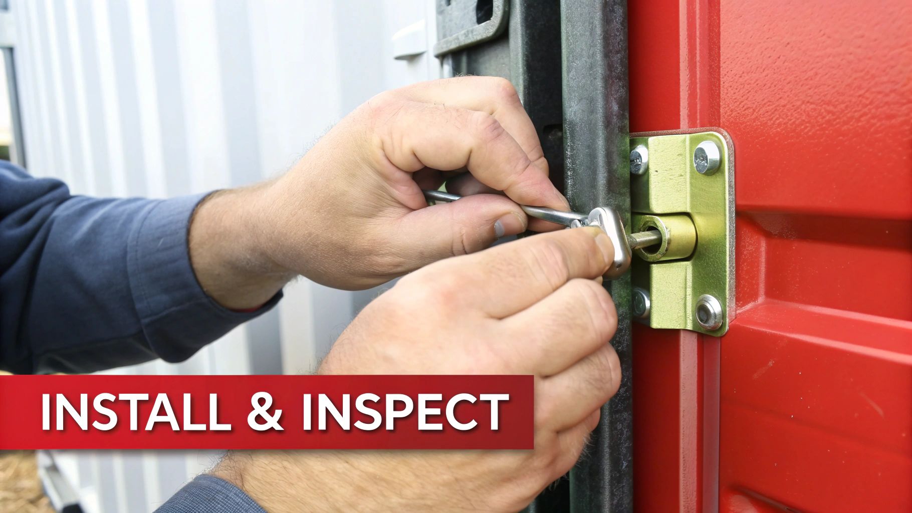 Hands installing or inspecting a silver bolt lock mechanism on a red shipping container door.