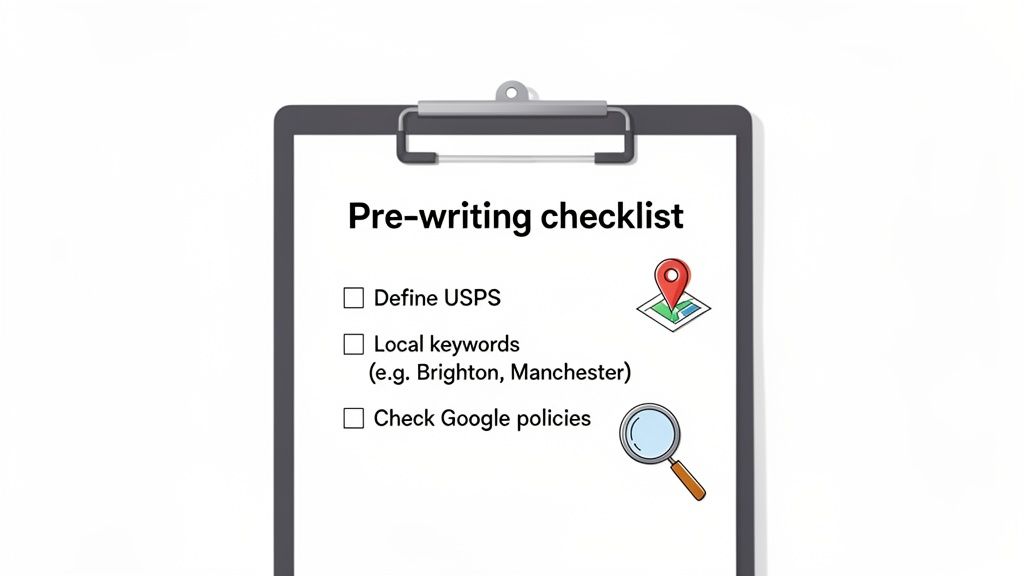 A pre-writing checklist on a clipboard featuring steps to define unique selling points, local keywords, and check Google policies.