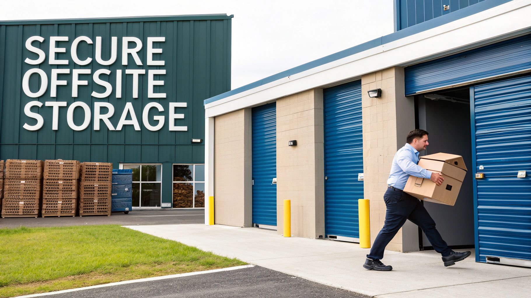 A man carries moving boxes out of a blue self-storage unit at a facility with large signage.