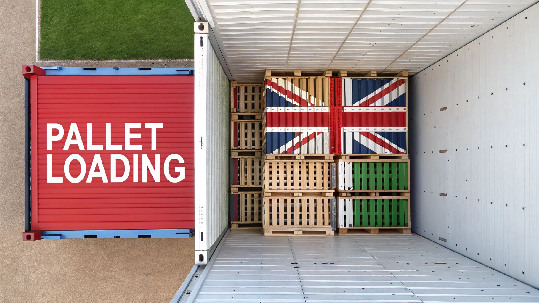 An open-top shipping container being loaded with machinery from above by a crane.