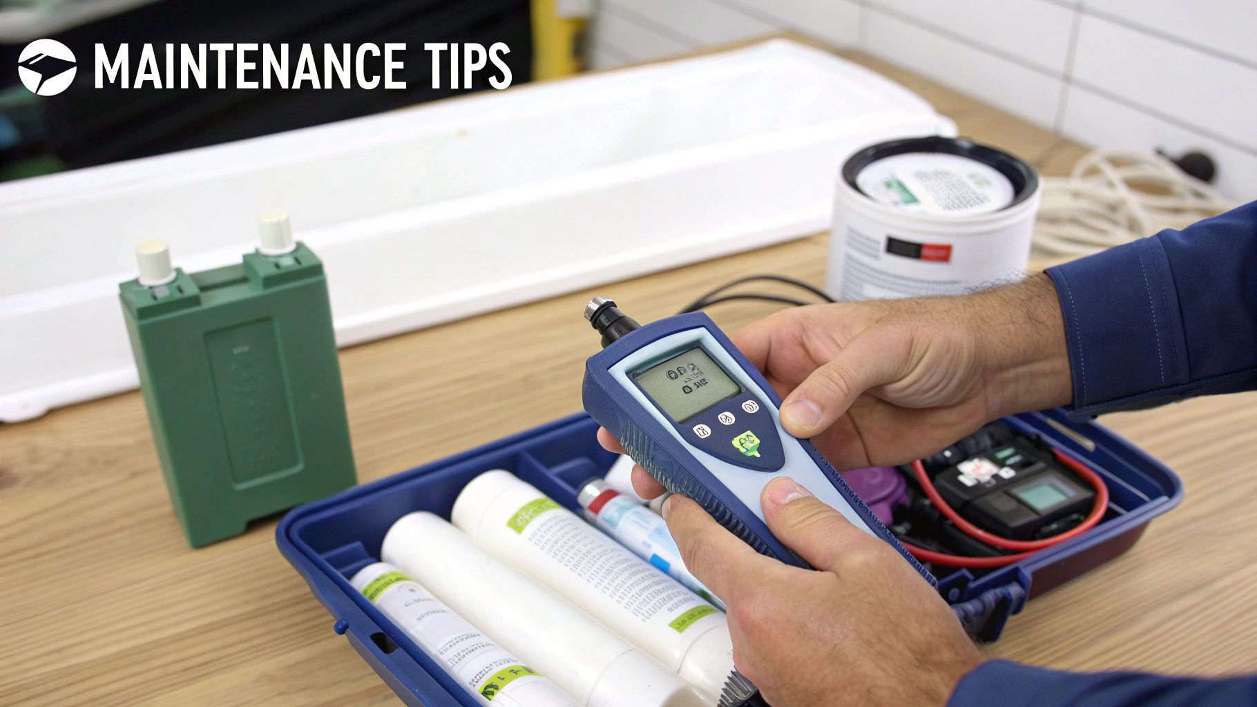 Person holding a water quality testing device, surrounded by various filters and maintenance tools.