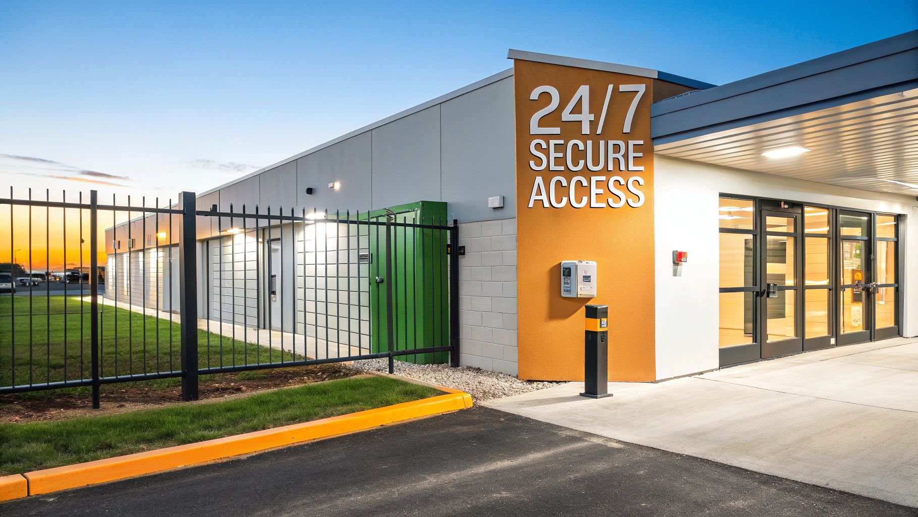 Modern self-storage facility with 24/7 secure access, fence, and gate at sunset.