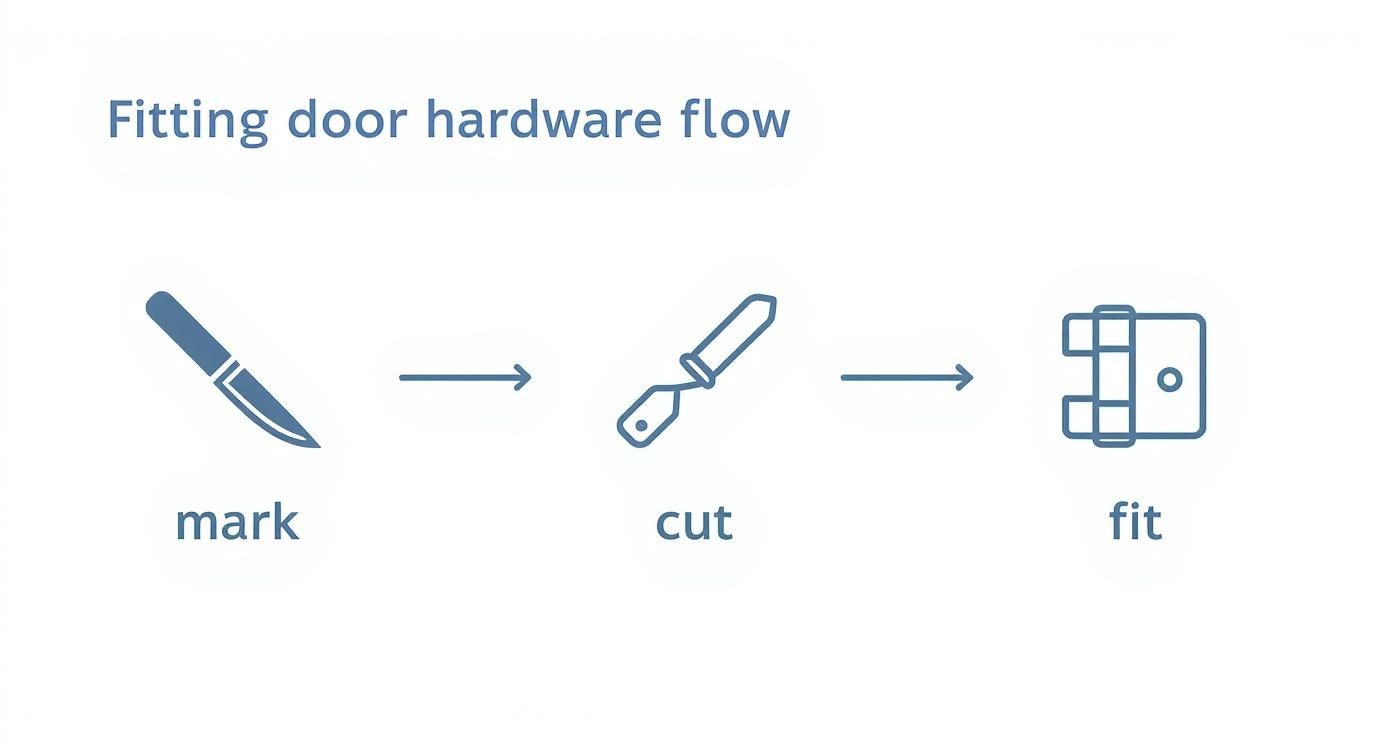 Infographic showing the three-step process to fit door hardware: Mark with a knife icon, Cut with a chisel icon, and Fit with a hinge icon.
