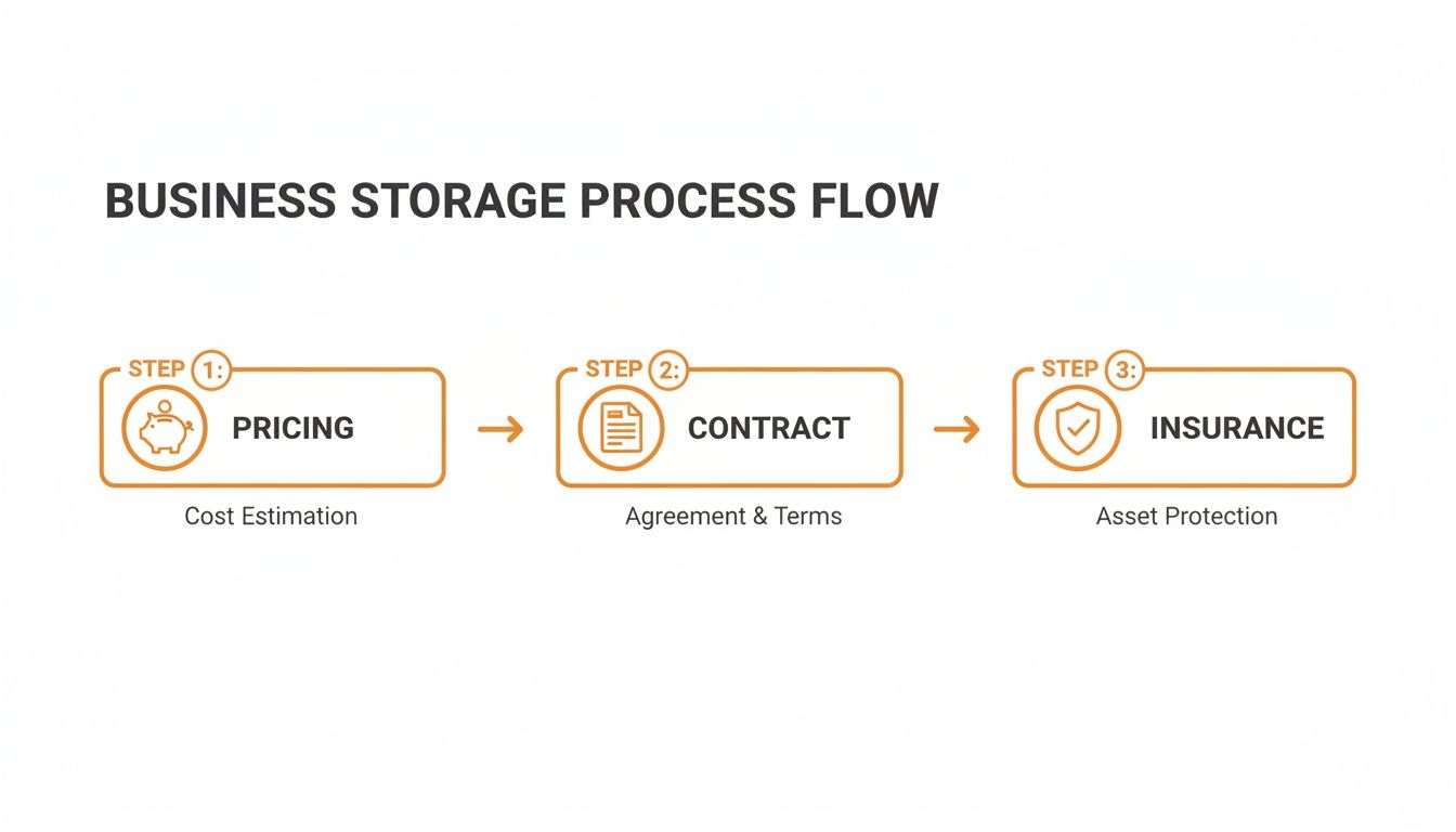 A business storage process flow chart with three steps: pricing, contract, and insurance.