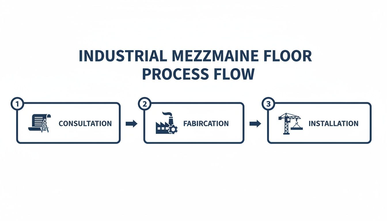 A three-step process flow for industrial mezzanine floor installation: consultation, fabrication, and installation.