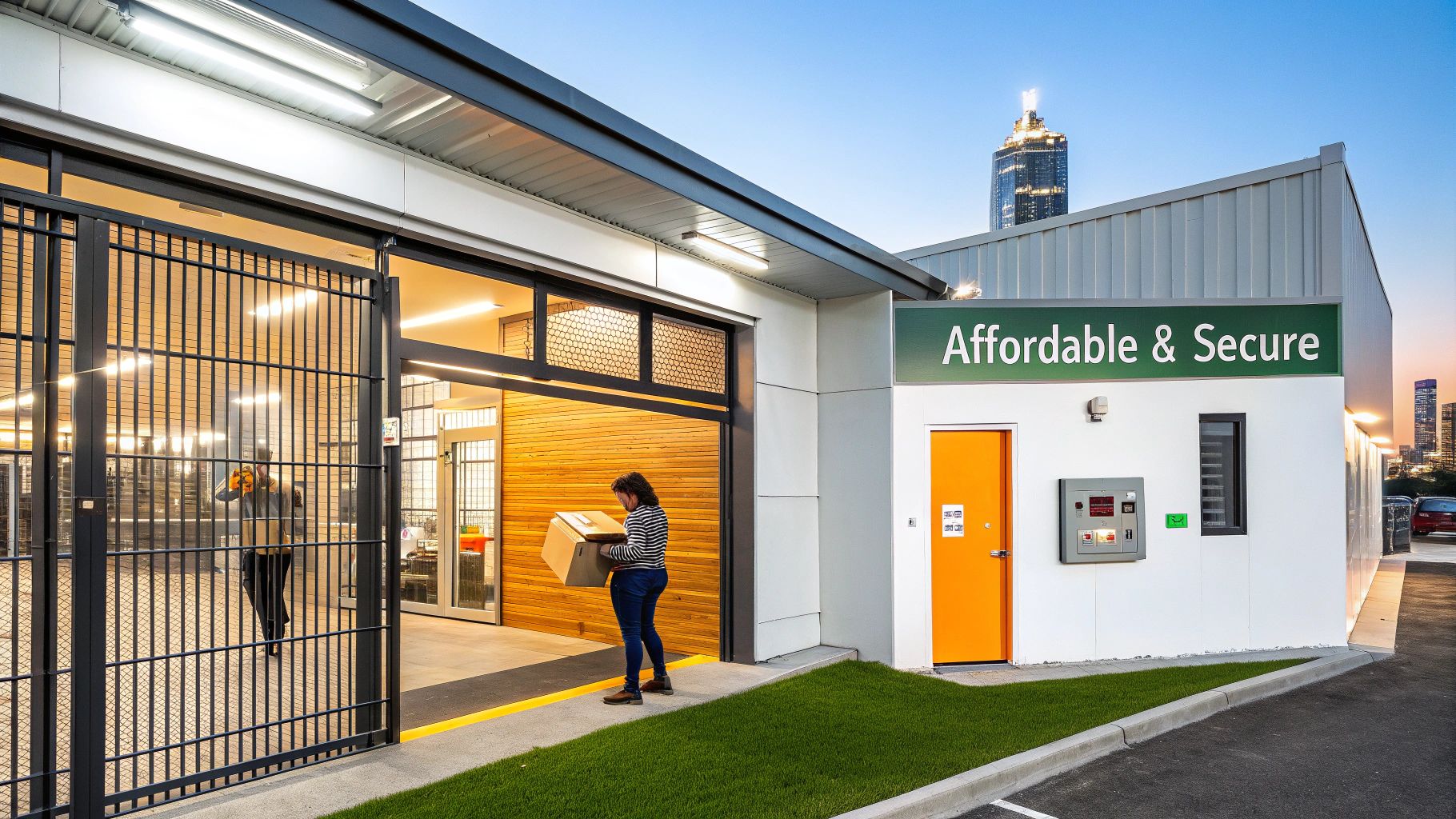A woman carries moving boxes into an 'Affordable & Secure' storage facility with a city background.