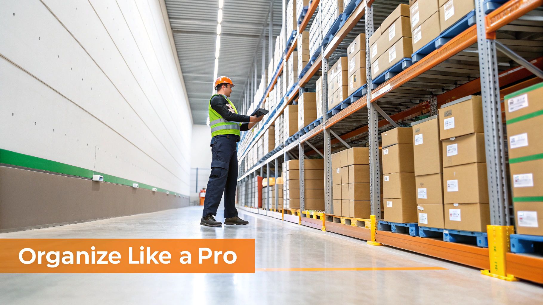 A well-organized warehouse self storage unit with shelves, labeled boxes, and a clear walkway.