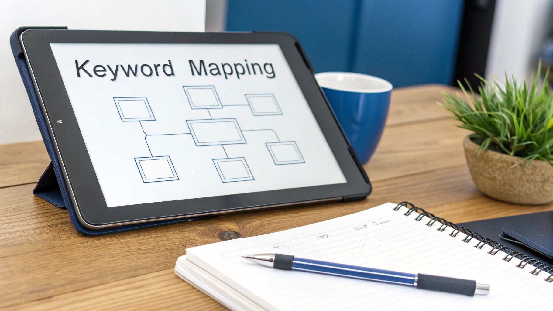 A tablet displaying a 'Keyword Mapping' flowchart sits on a wooden desk with office supplies.