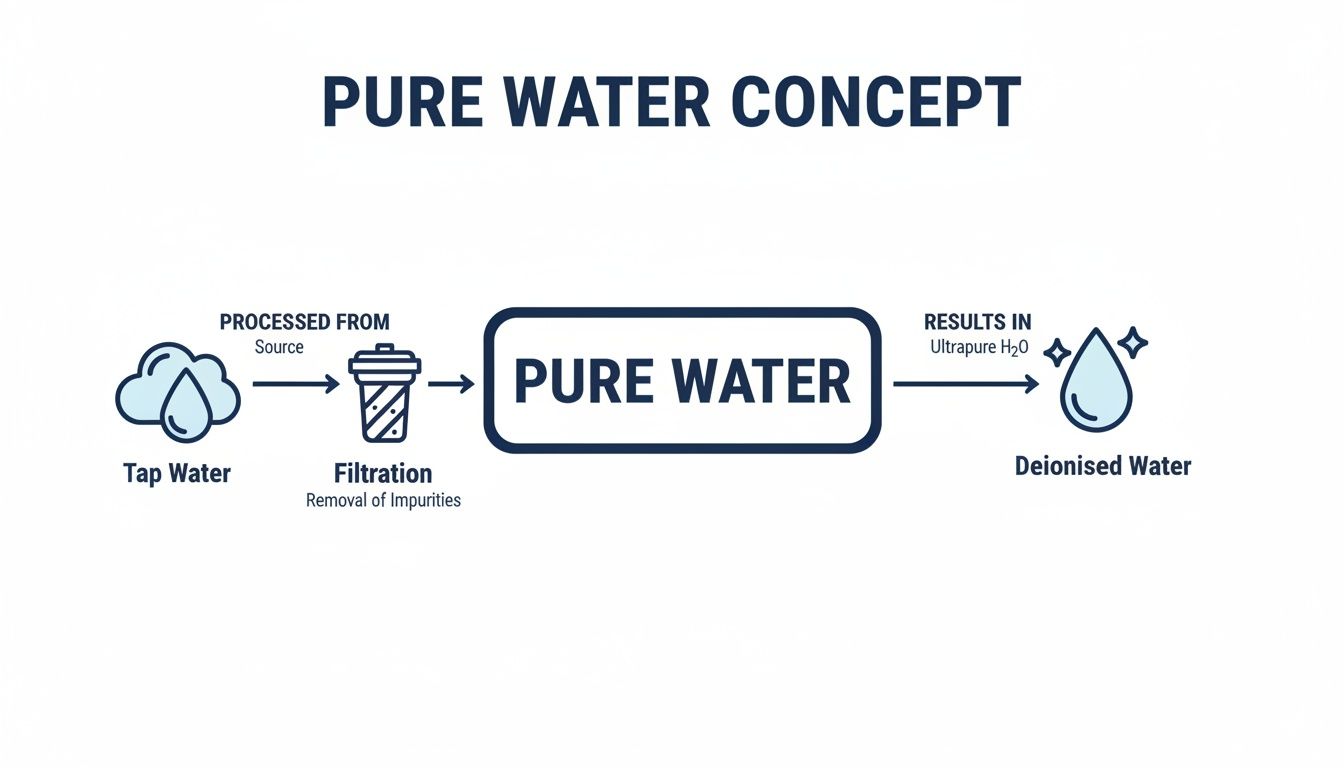 Flowchart illustrating the concept of converting tap water into pure deionised water through filtration.