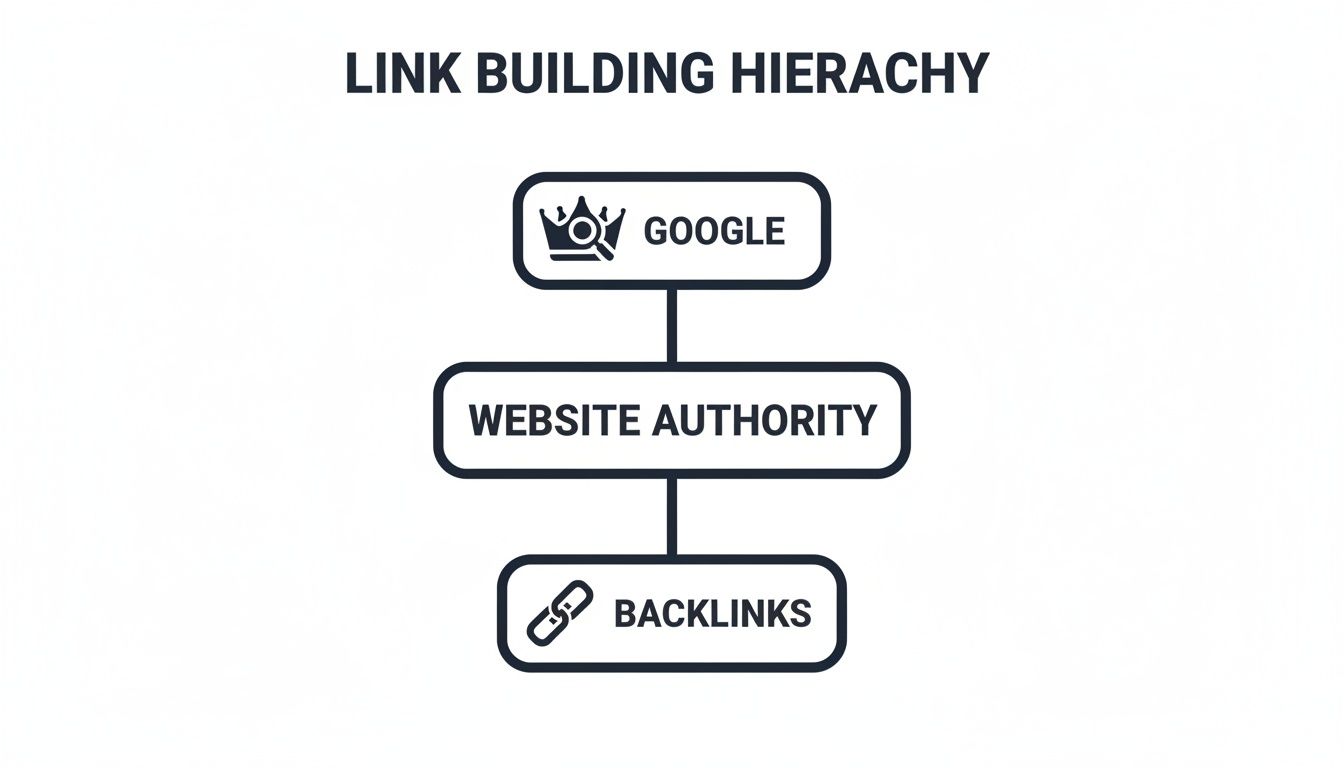 A link building hierarchy chart showing Google at the top, followed by website authority and backlinks.