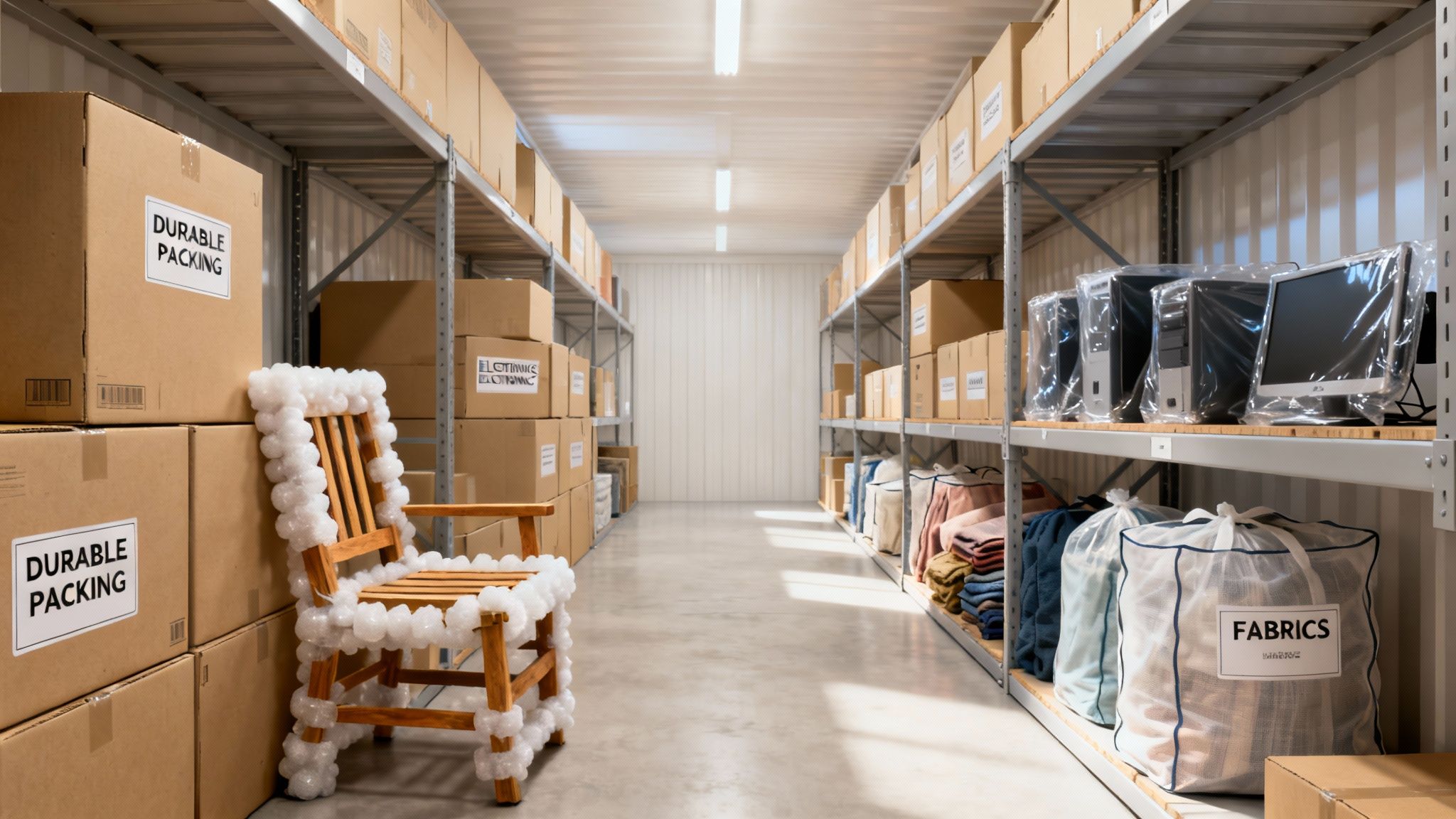 Your Complete Guide to Long Term Storage in the UK 2 A brightly lit long-term storage unit aisle filled with packed boxes, electronics, fabrics, and a bubble-wrapped chair.