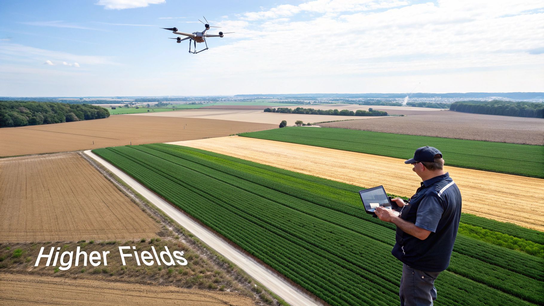 A farmer uses a laptop to control a drone flying over green and brown agricultural fields under a blue sky.