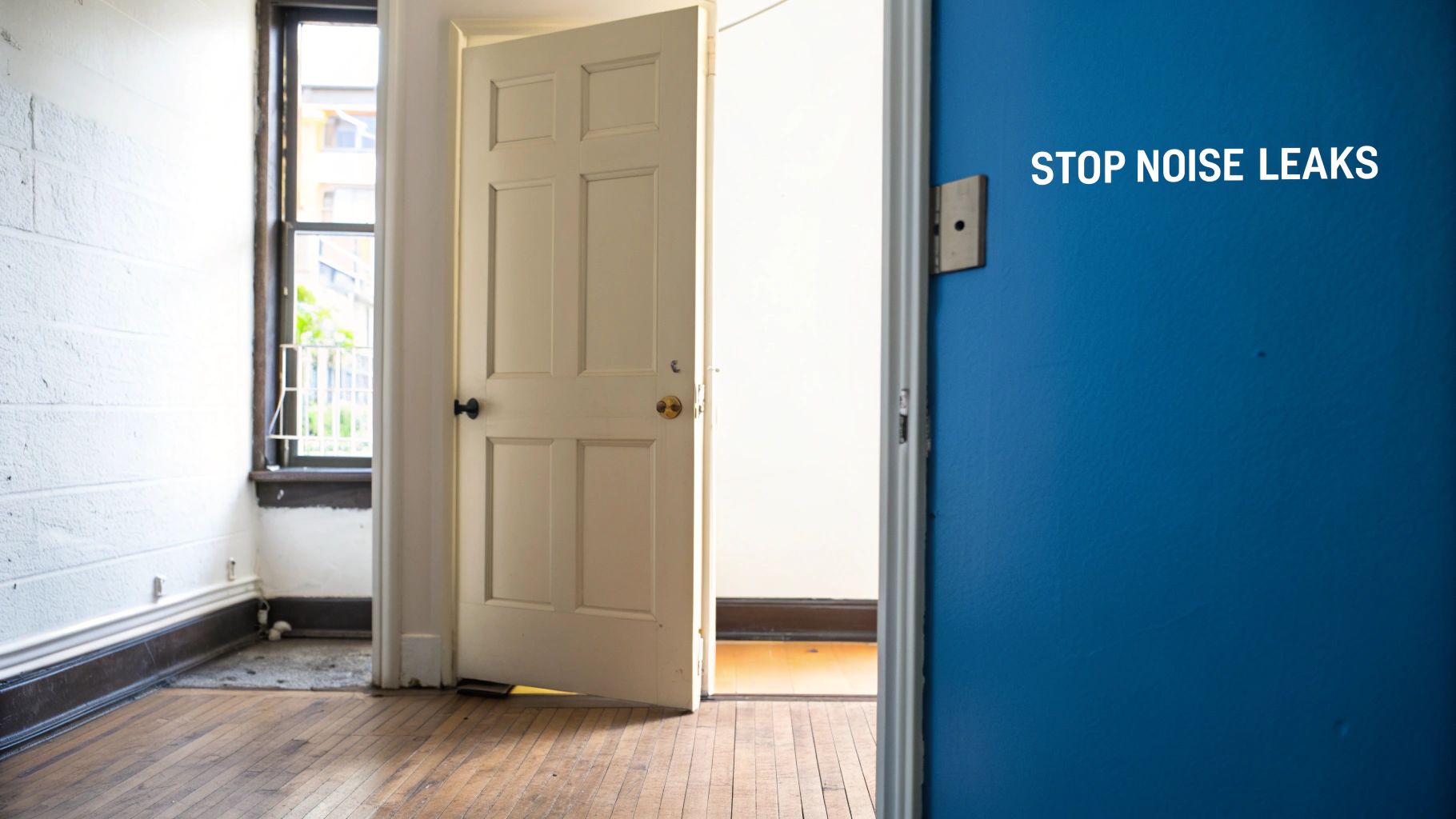 An open door reveals two rooms, one with a window, the other with a blue wall stating 'STOP NOISE LEAKS'.