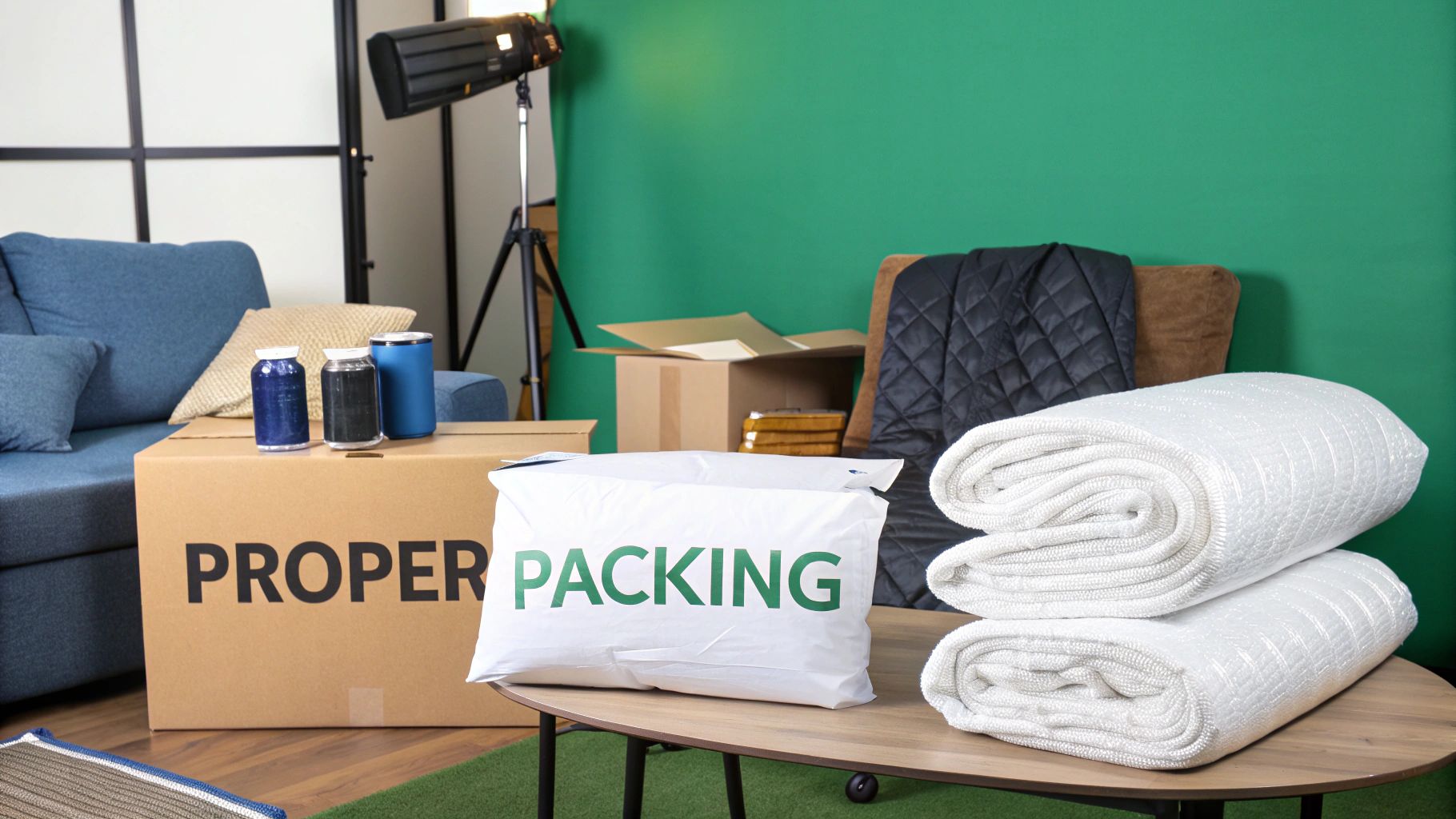 A room with packing supplies, including boxes labeled "PROPER PACKING", blankets, and furniture, suggesting a move.