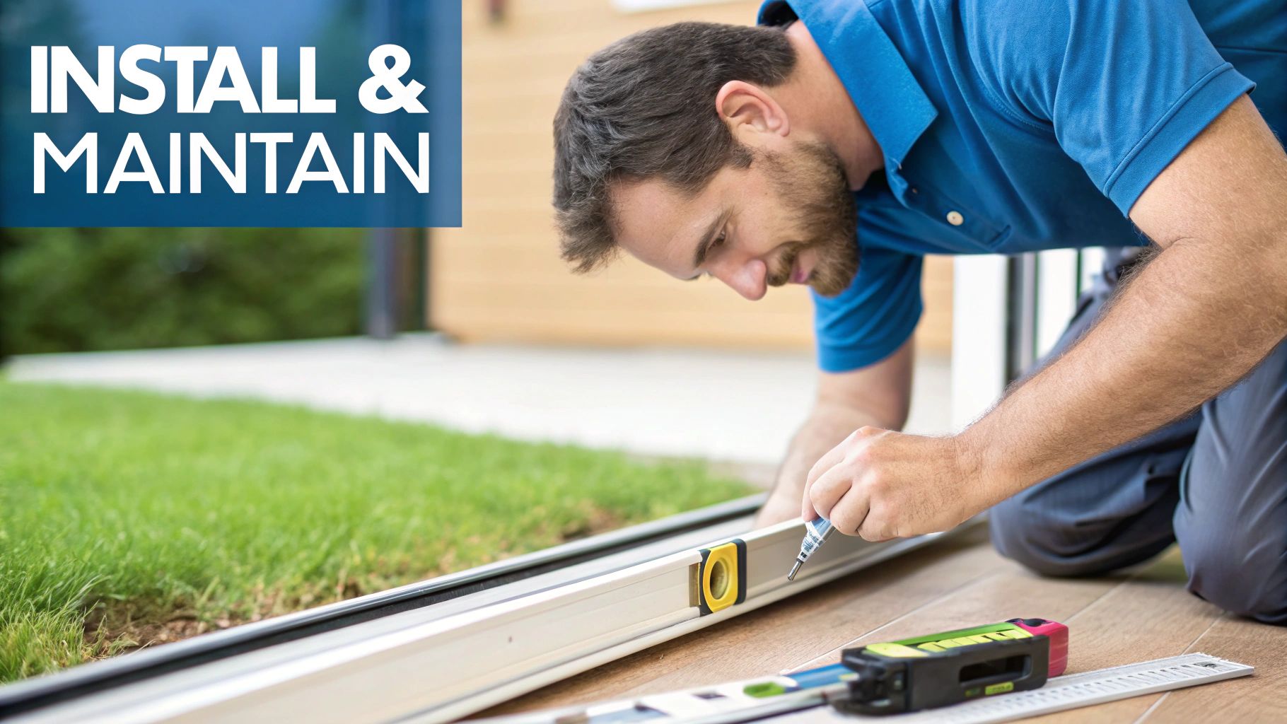 Professional handyman installing sliding door track system using level and measuring tools outdoors