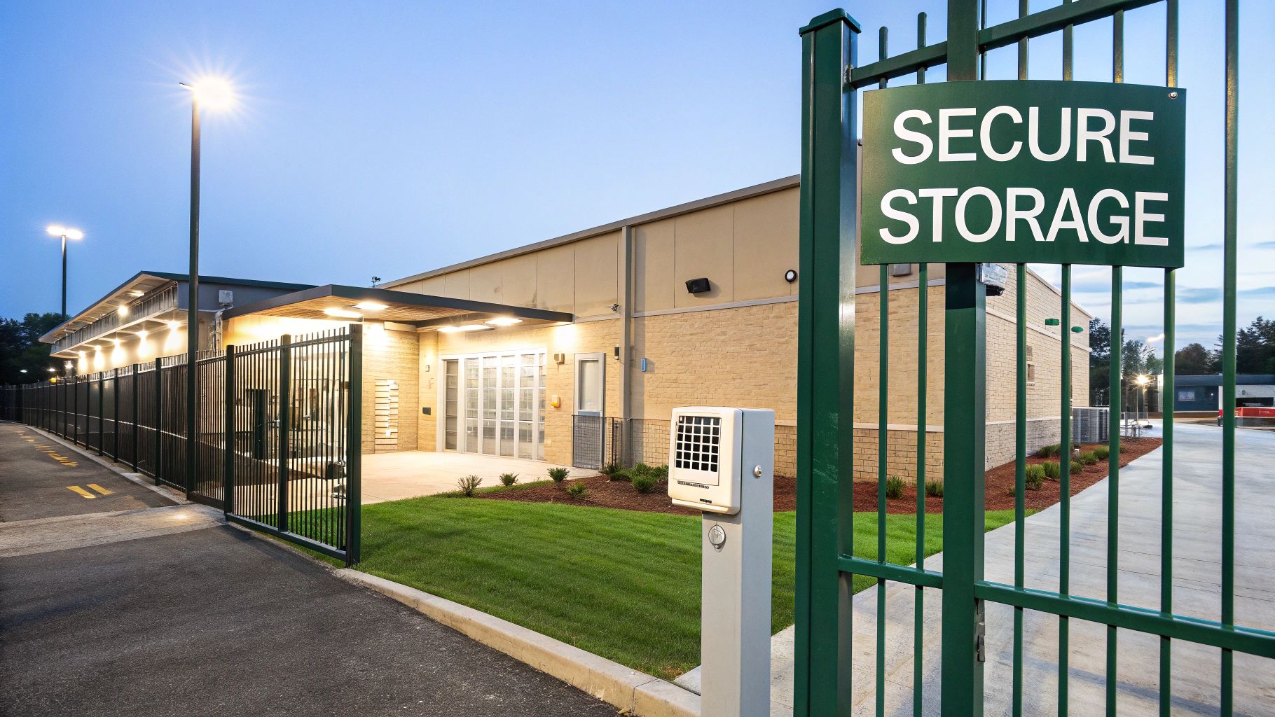 Modern secure storage facility entrance with green security gate and perimeter fencing at dusk