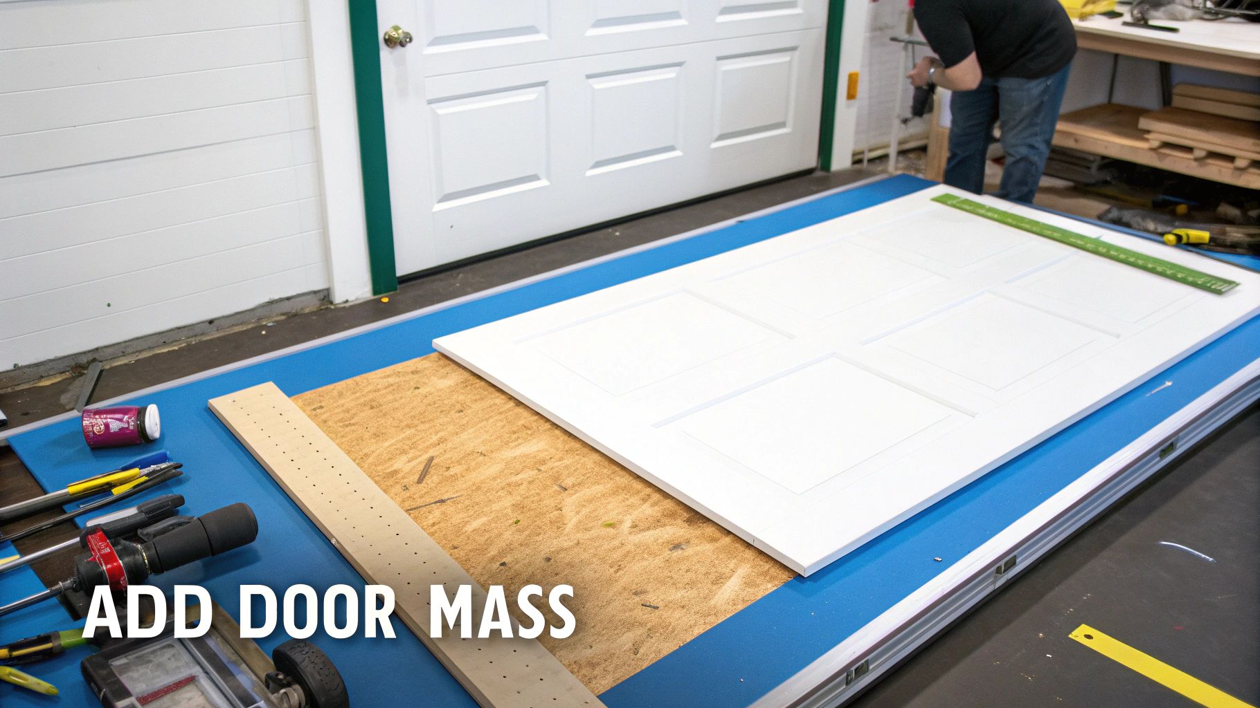 A white panel door lying on a blue surface and wood, being prepared for soundproofing.