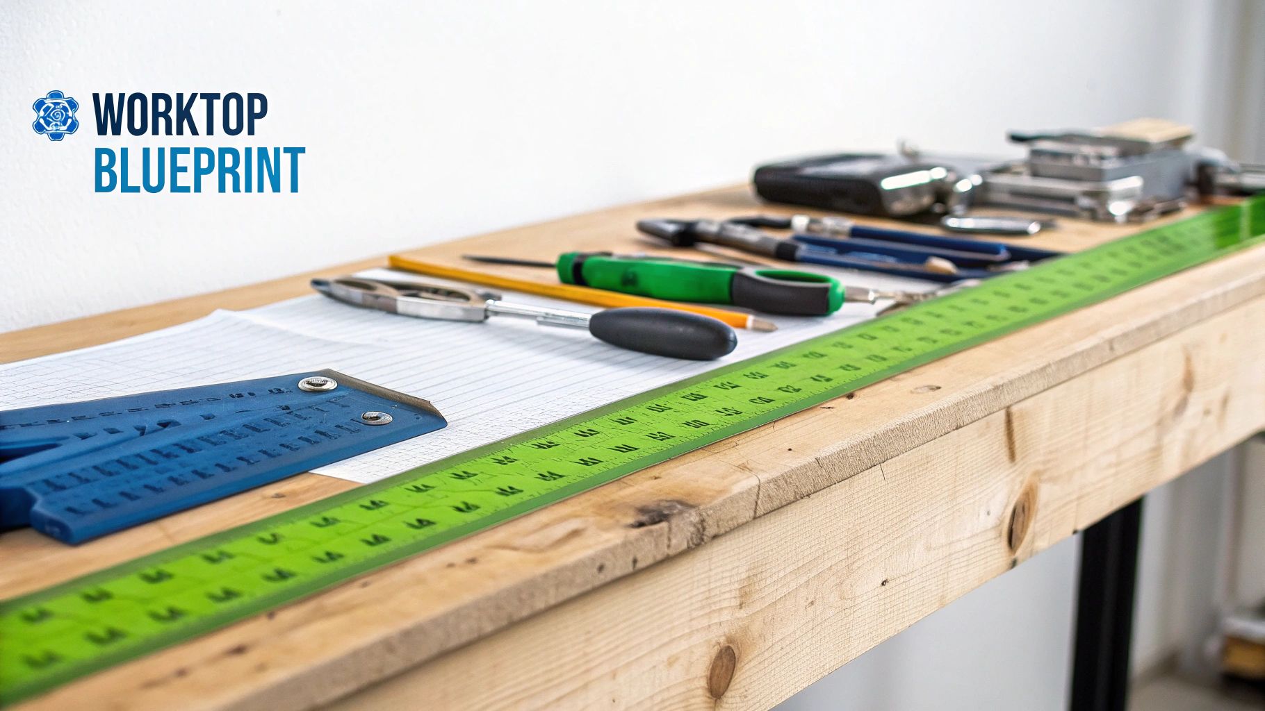 A person carefully measuring a wooden kitchen worktop with a tape measure and pencil.