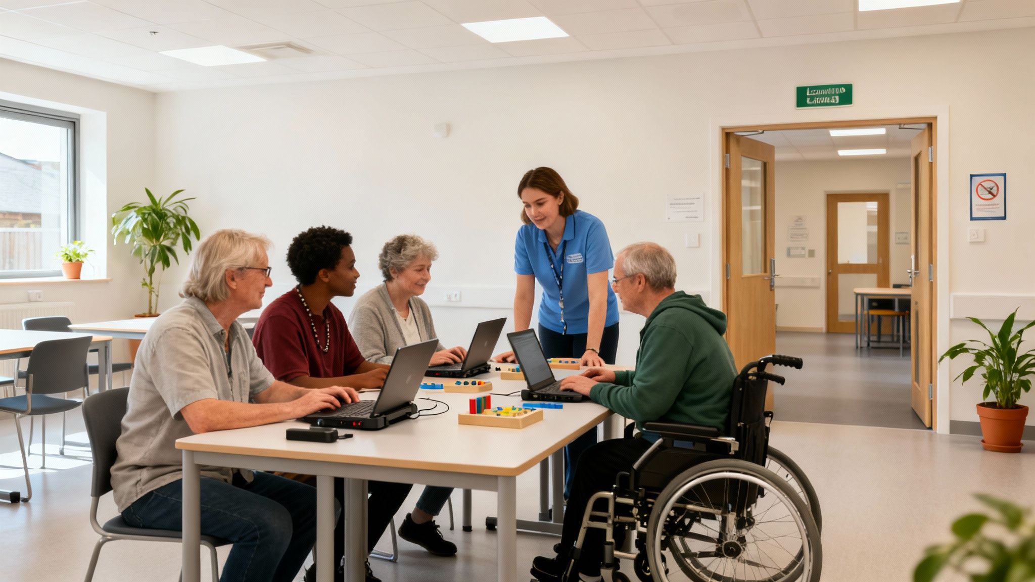 A diverse group of adults and seniors, including a man in a wheelchair, learn with laptops and an instructor in a bright day center.