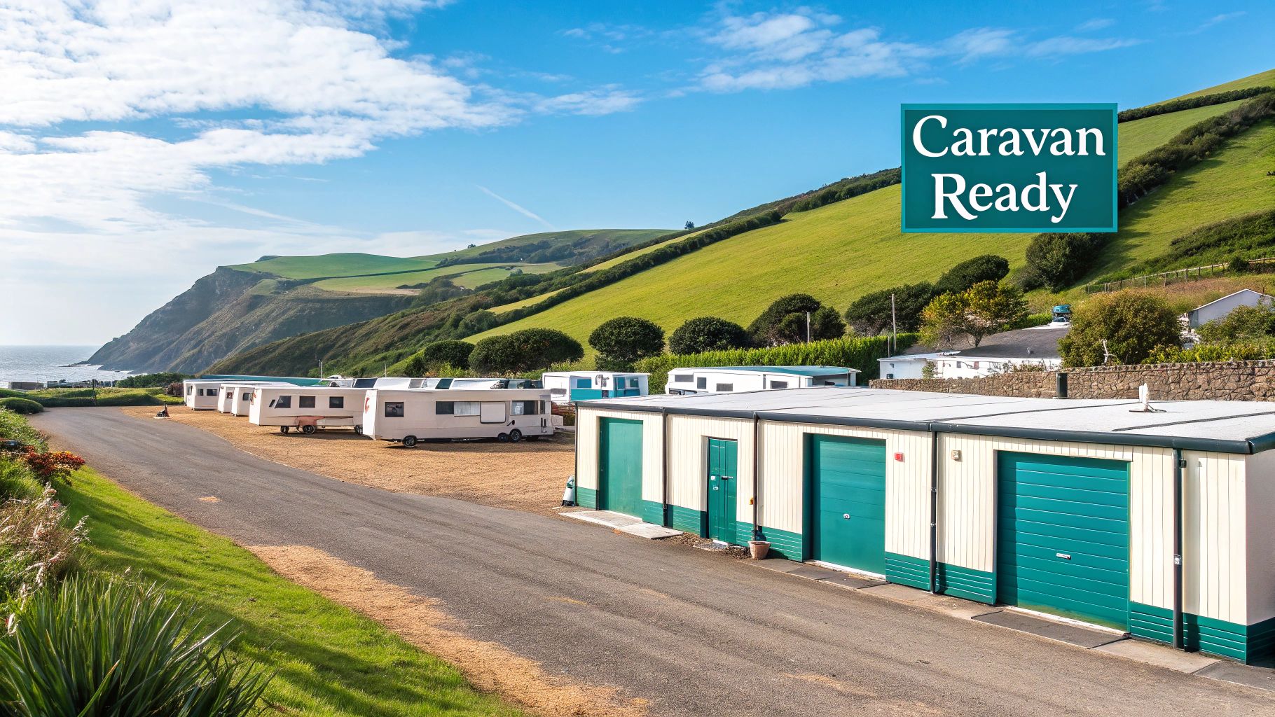 A row of caravans neatly parked in a secure storage facility in Wirral.