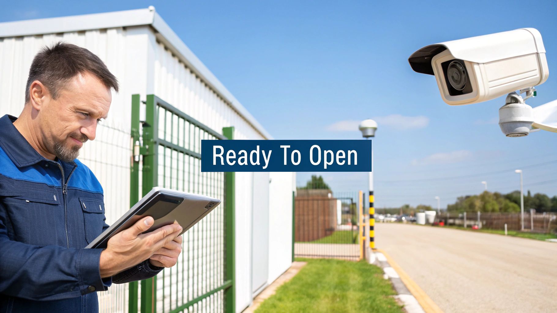 Technician checking security systems with a tablet at an outdoor storage facility.