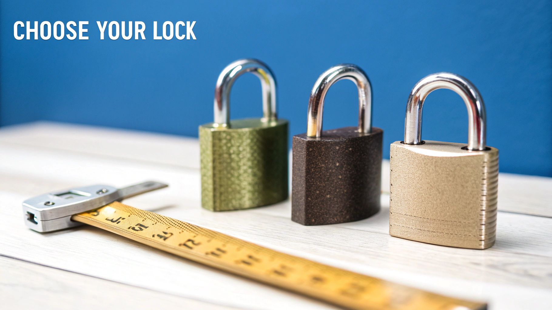 Three padlocks in green, brown, and gold colors, a ruler, and a key on a light wooden surface.