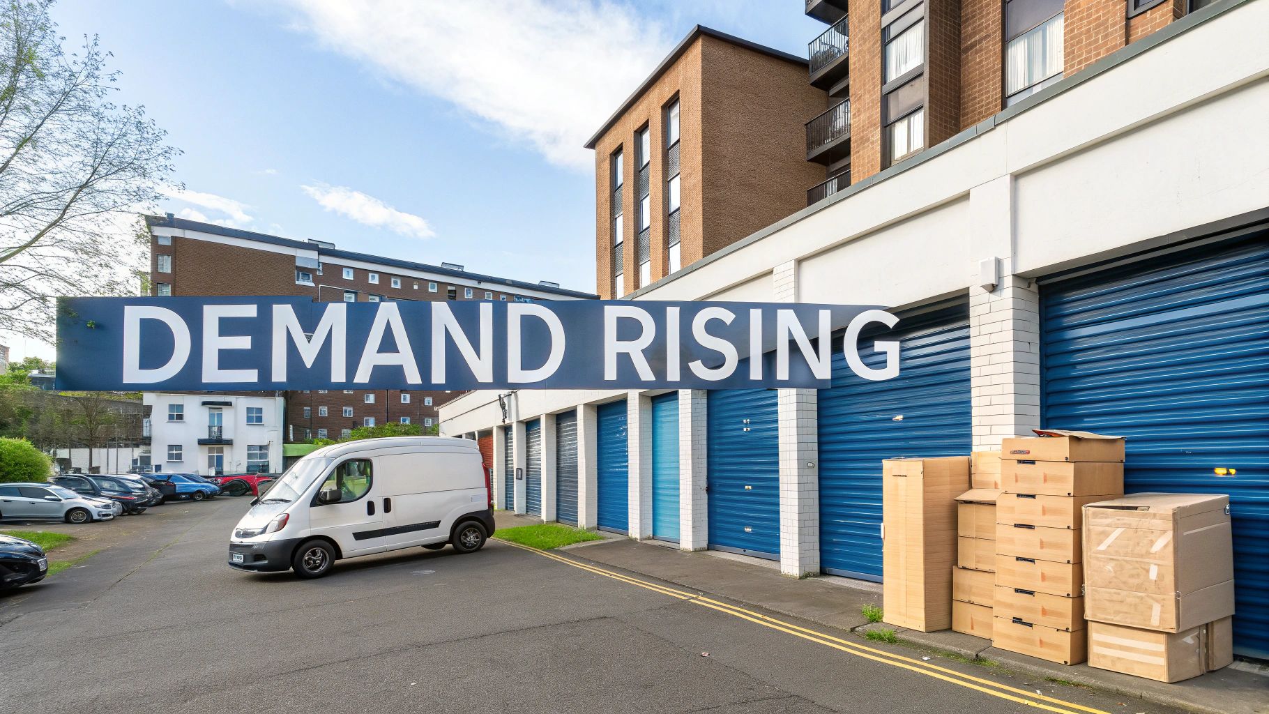 A white delivery van parked outside blue self-storage units with a 'DEMAND RISING' sign and moving boxes.