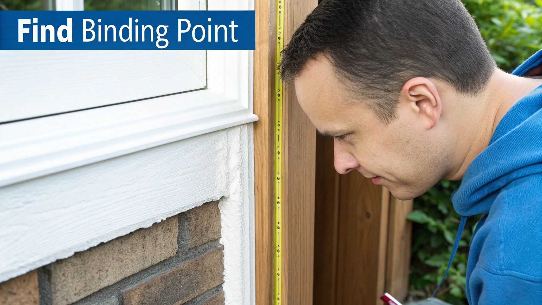 A close-up view of a wooden door that is sticking against its frame, showing wear marks.