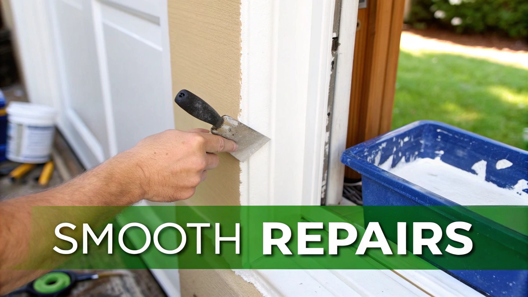 A person's hand uses a putty knife to smooth a wall or trim, preparing for painting.