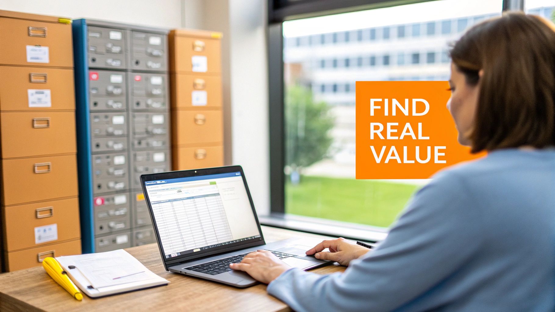 Woman working on laptop computer managing storage inventory with spreadsheet in modern office workspace