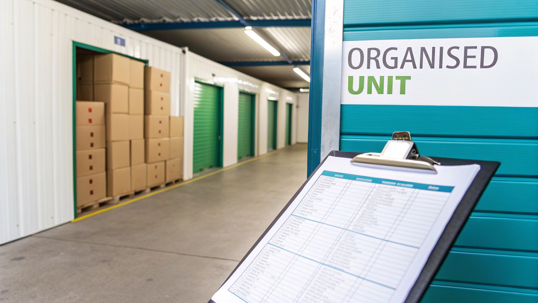 A well-organised office storage unit with neatly stacked boxes and a clear aisle.