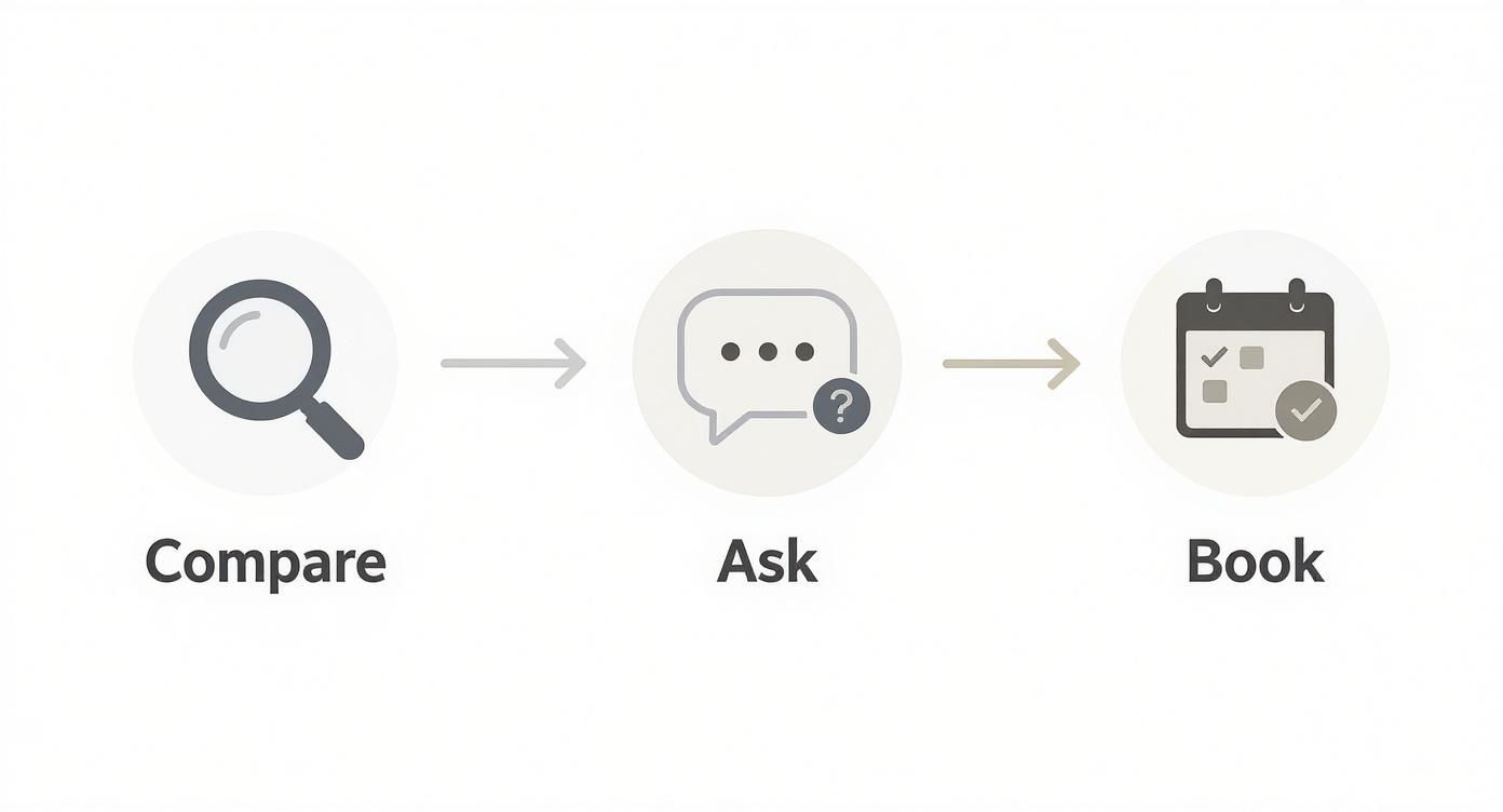 Three step process illustration showing compare, ask, and book stages with magnifying glass, chat bubble, and calendar icons