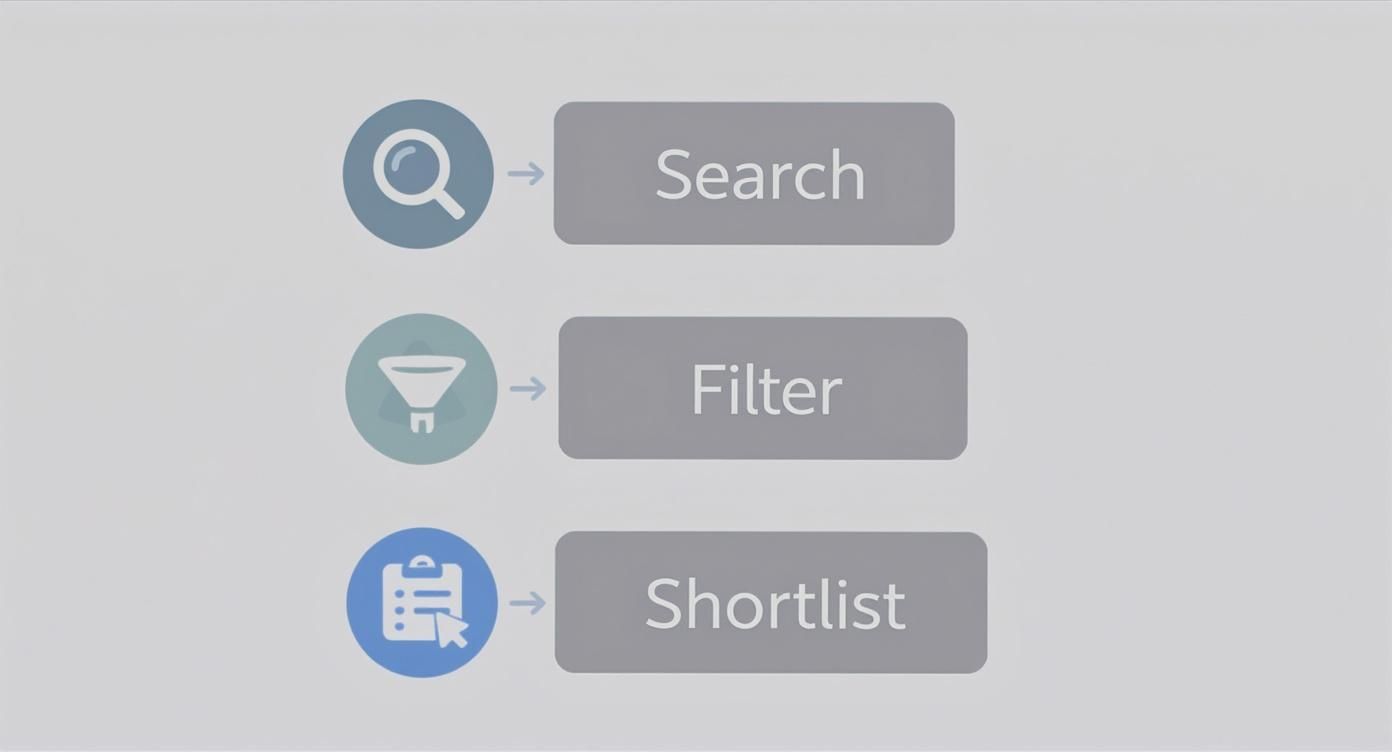 Diagram illustrating a three-step selection process: Search, Filter, and Shortlist with icons.