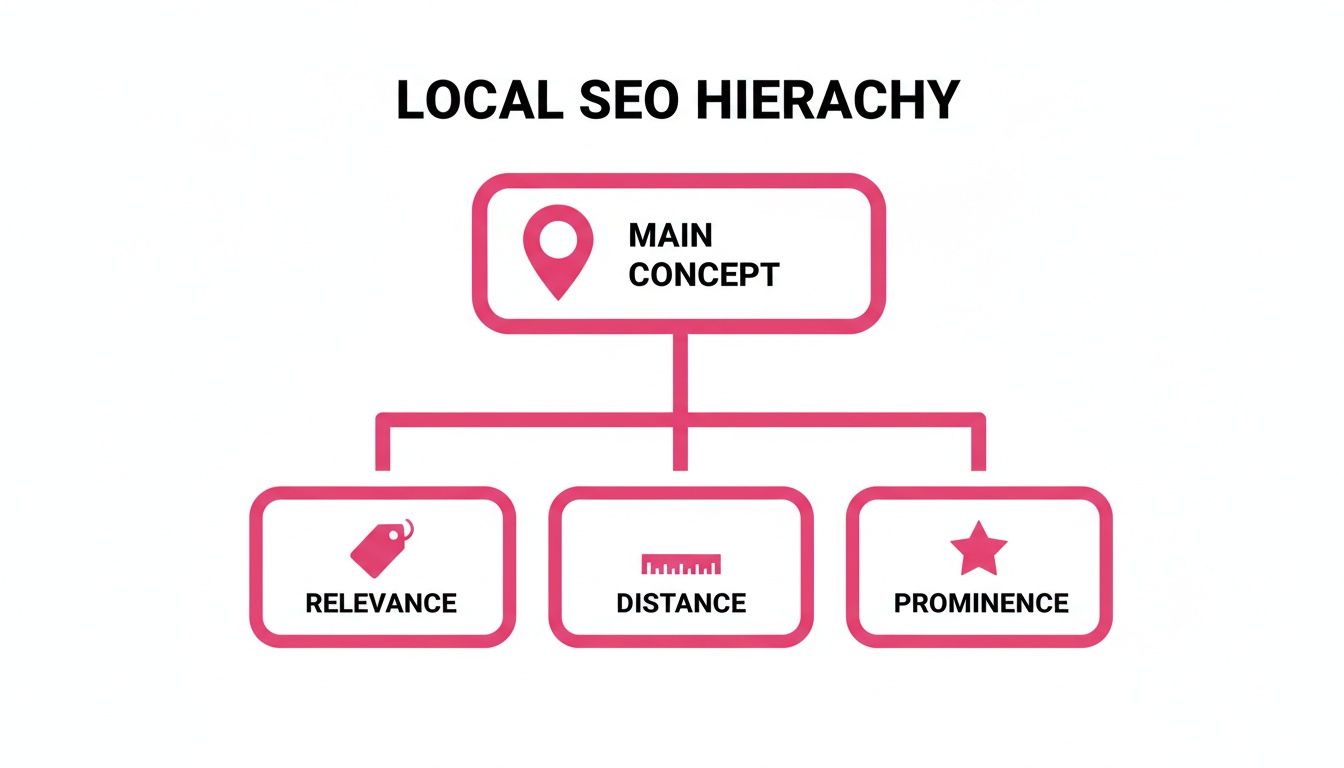 A diagram illustrating the local SEO hierarchy, featuring main concept, relevance, distance, and prominence.