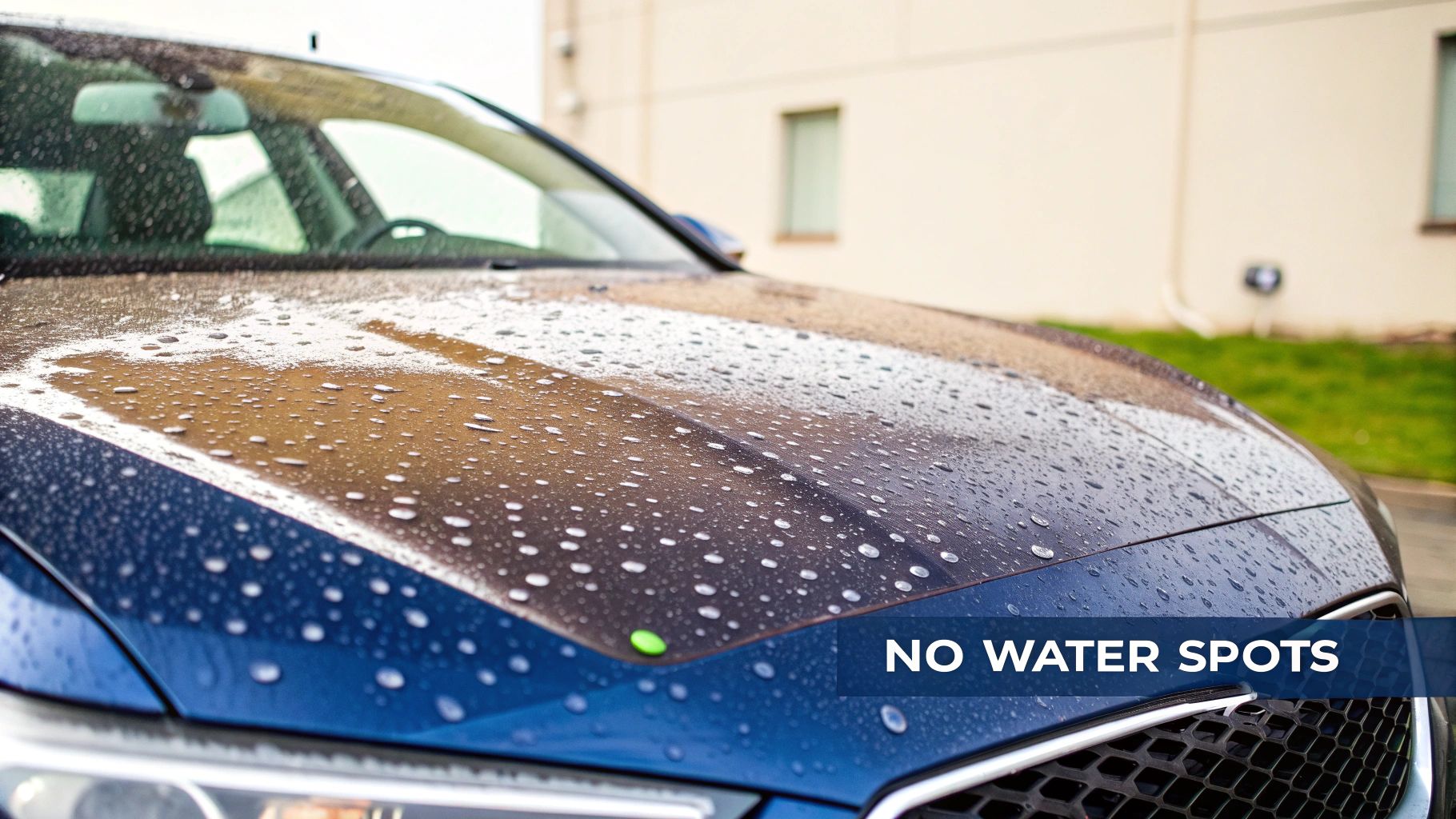 Close-up of a blue car's hood covered in perfectly beaded water droplets, highlighting no water spots.