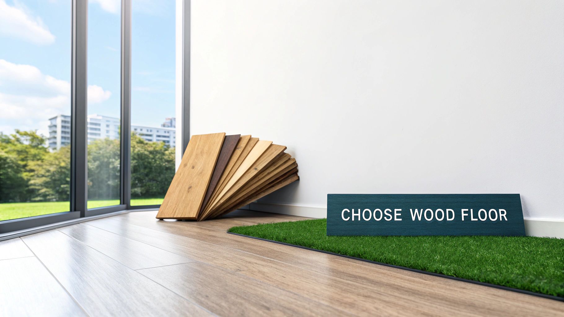 Various wood flooring samples laid out for selection