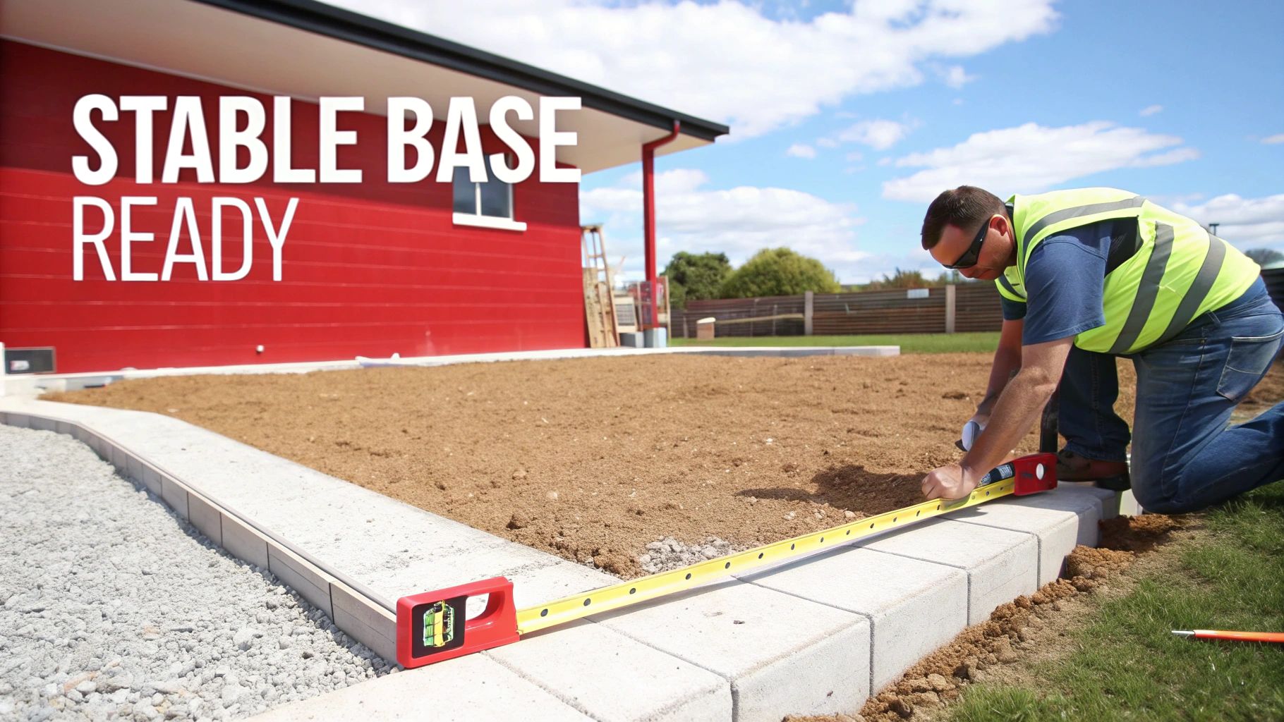 A construction worker uses a rake to level a gravel base in preparation for a shipping container.