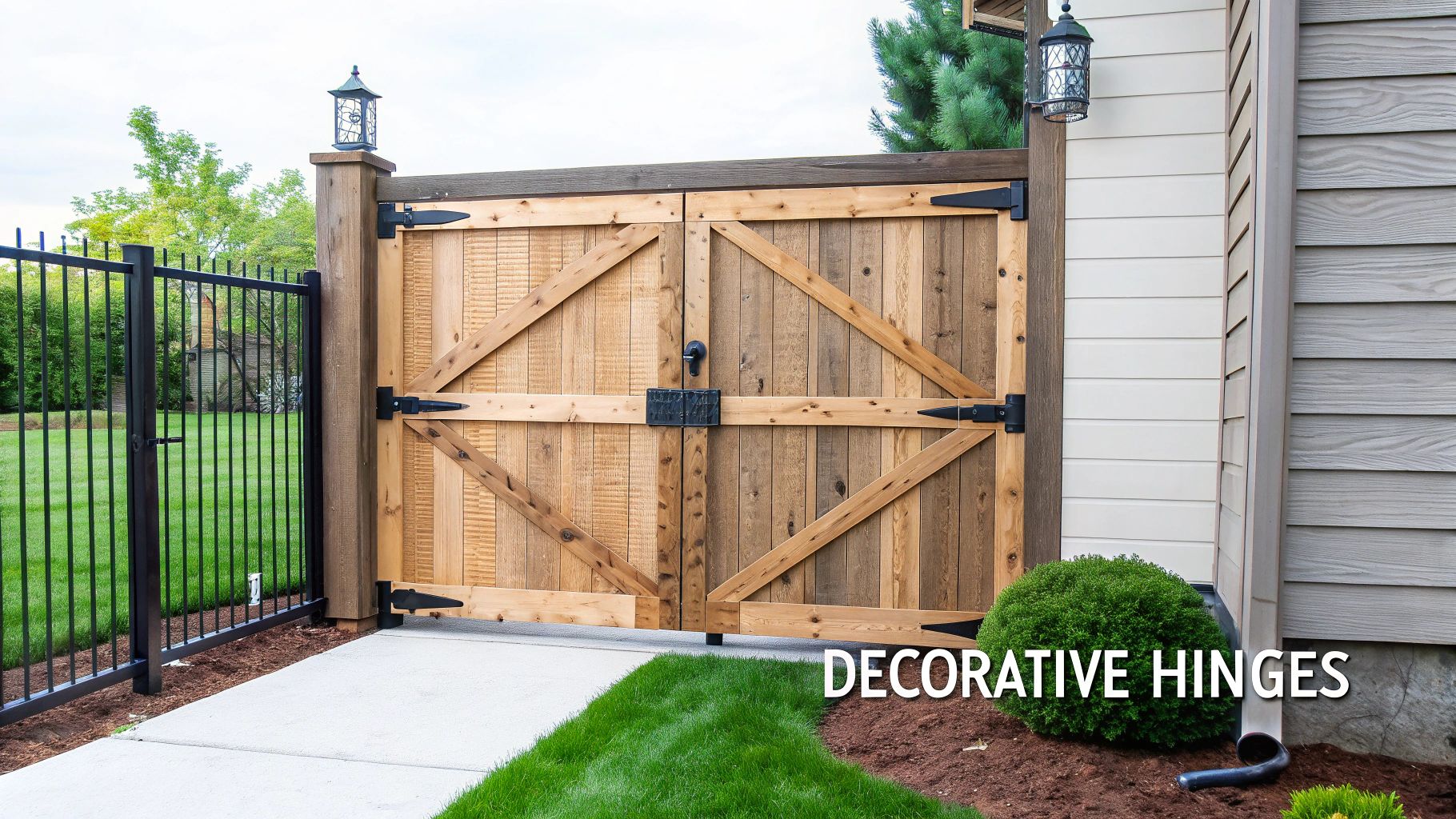 A black tee hinge on a rustic wooden door