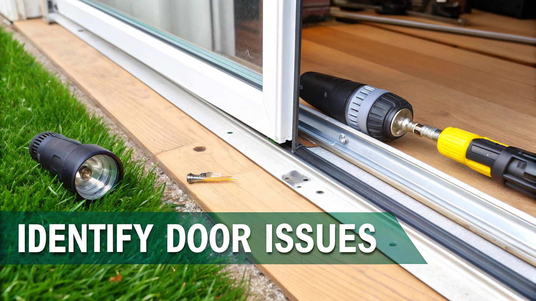 Tools, including a flashlight and a drill, lie on grass and wood next to a patio door track.