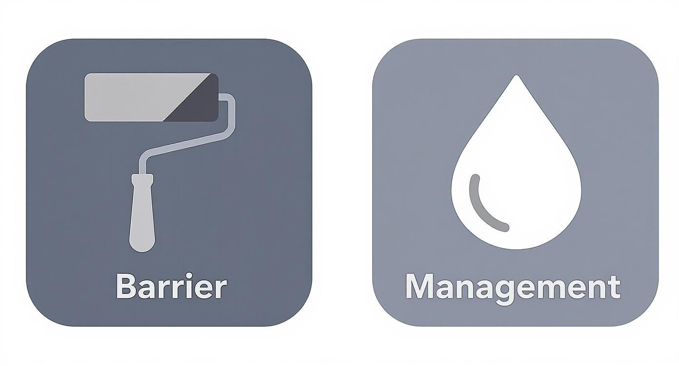 Two icons showing paint roller labeled Barrier and water droplet labeled Management representing tanking construction waterproofing