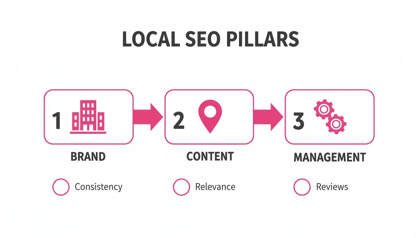 Flowchart illustrating the three local SEO pillars: Brand, Content, and Management, with key factors.