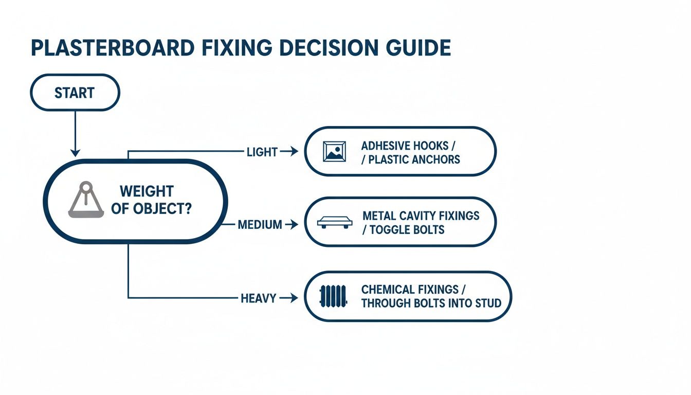 Flowchart guiding plasterboard fixing decisions based on object weight: light, medium, or heavy.