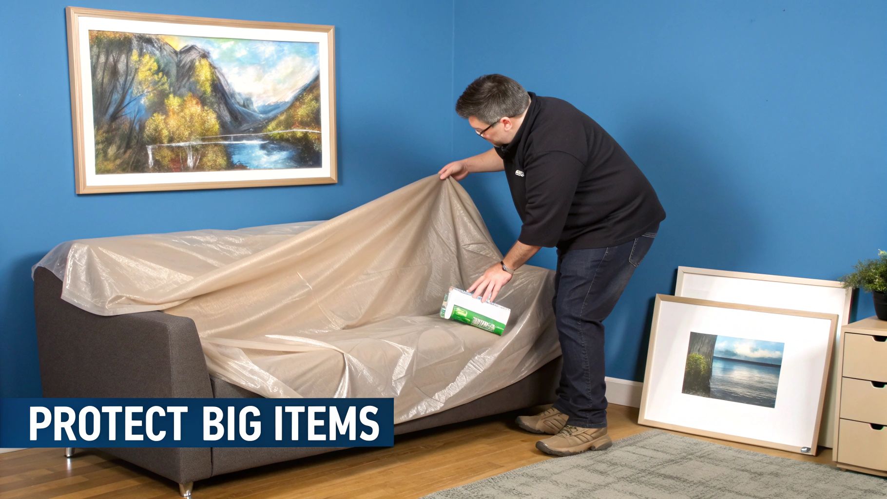 A man covers a grey sofa with a protective plastic sheet in a blue-walled room, preparing for packing.