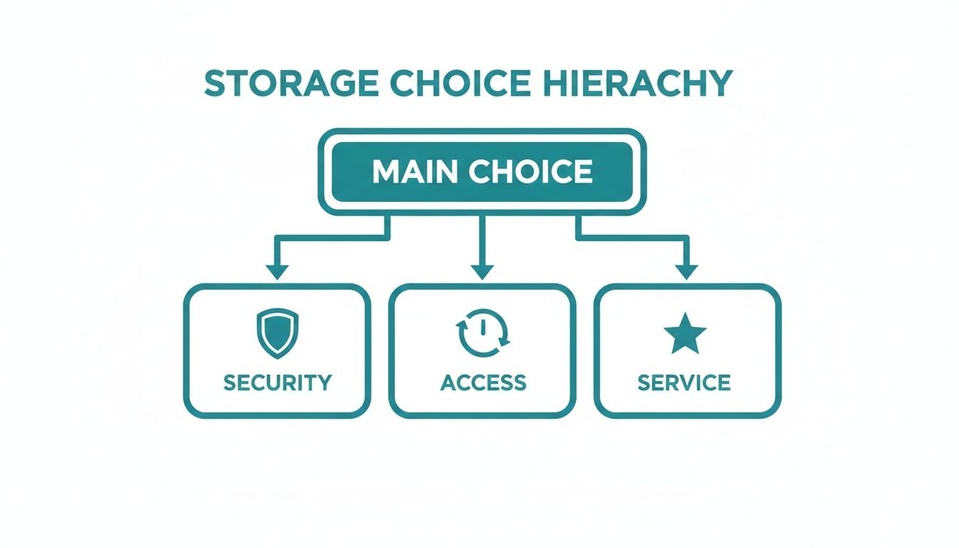 A hierarchy diagram titled 'Storage Choice Hierarchy' showing 'Main Choice' leading to 'Security', 'Access', and 'Service'.