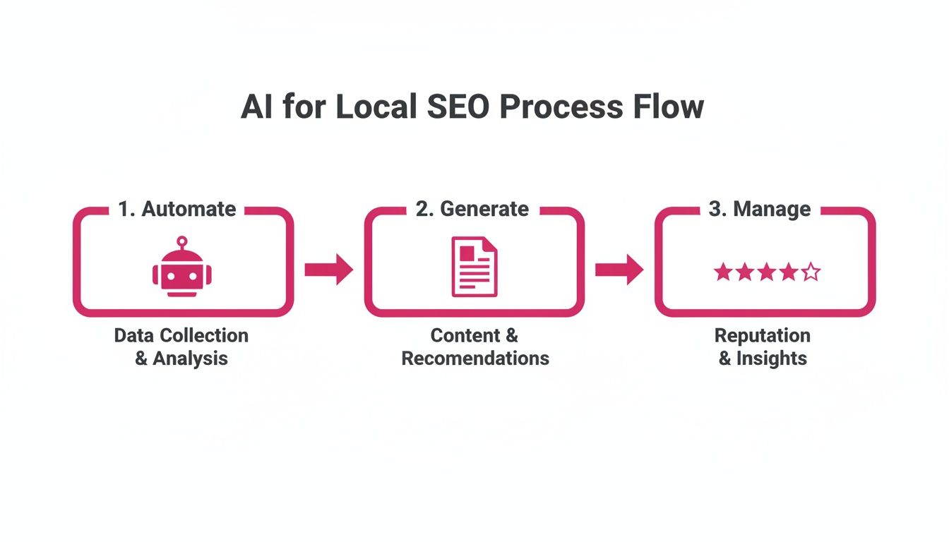 AI for Local SEO process flow diagram with steps: Automate, Generate, and Manage.
