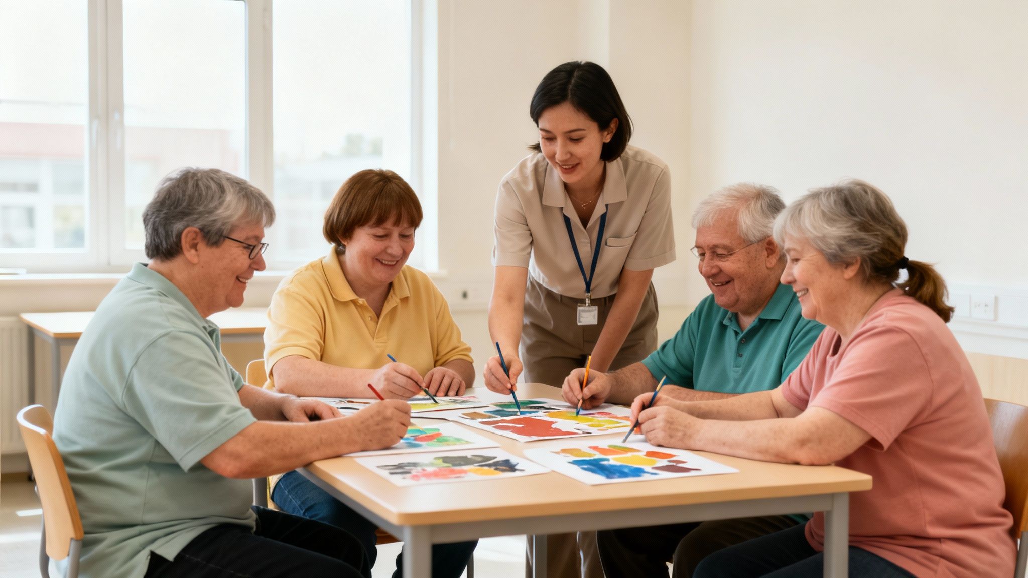 A young Asian woman assists four smiling elderly adults painting colorful abstract art at a table.