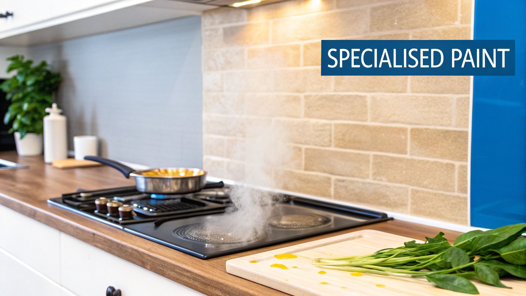 Modern kitchen with a cooking pan on the stove, fresh greens, and a specialized paint backsplash.