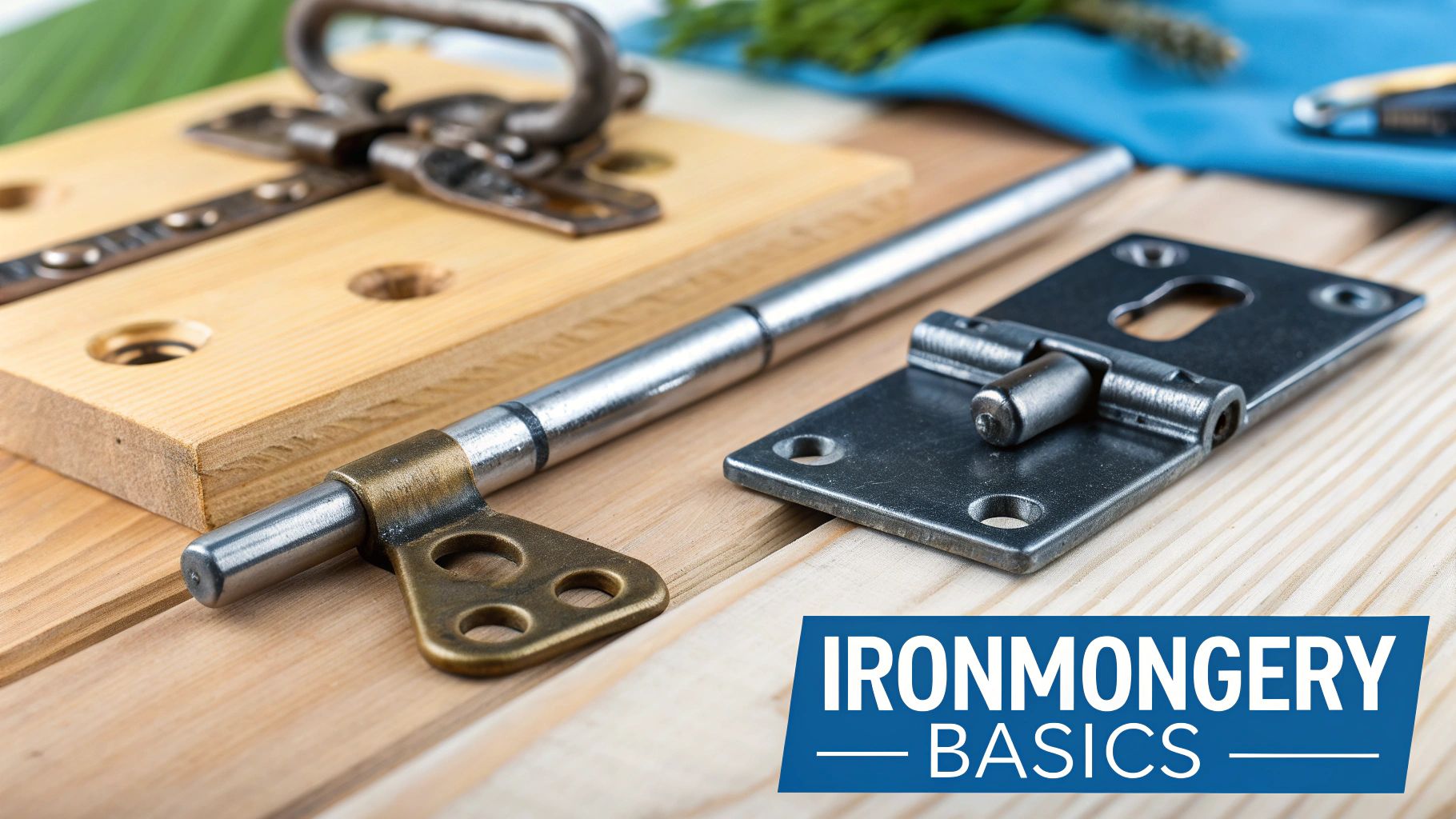 A collection of various ironmongery items like door handles, hinges, and locks displayed on a wooden surface.